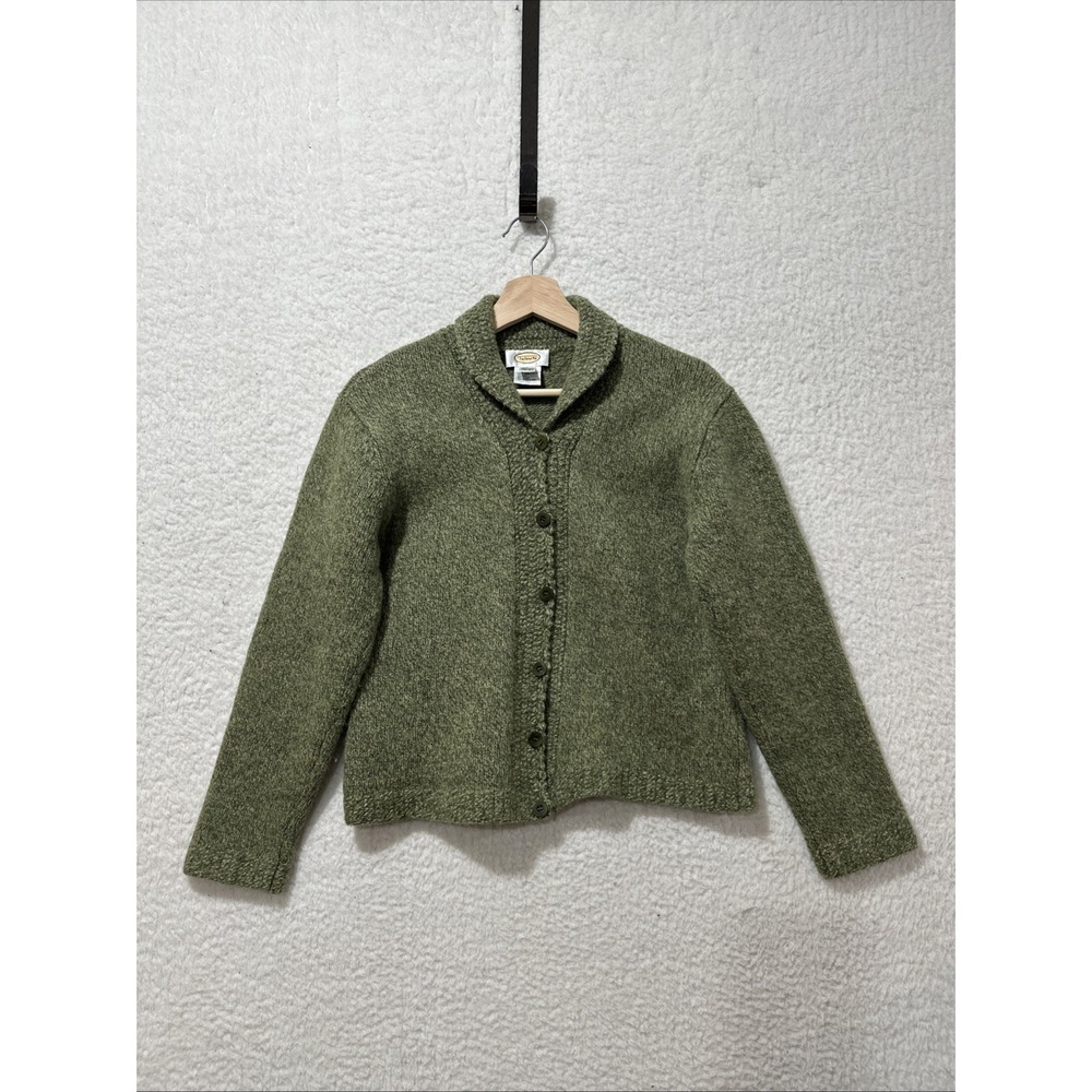 VTG Talbots Wool Cardigan Knit Sweater Olive Green Grannycore Retro Slim Size L